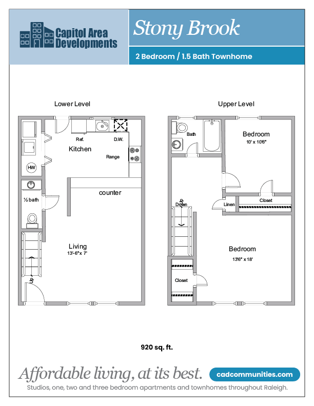 Floor plan for 2 beds, 2 baths, 920 sqft